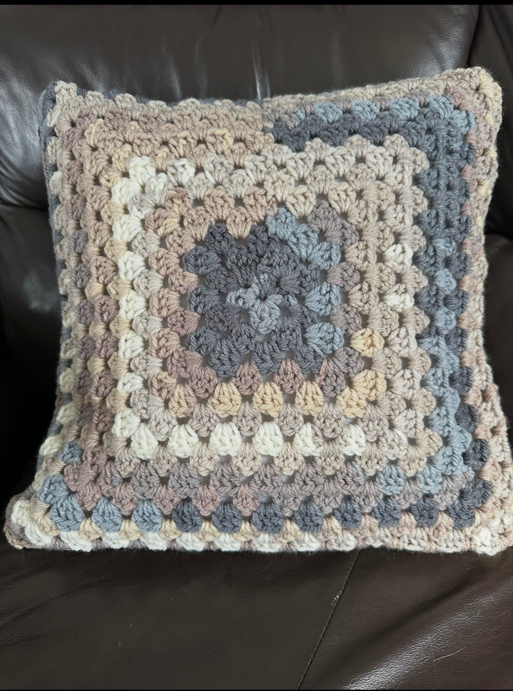 Handmade Crochet Cushion - Natural Tones with Blue Accents