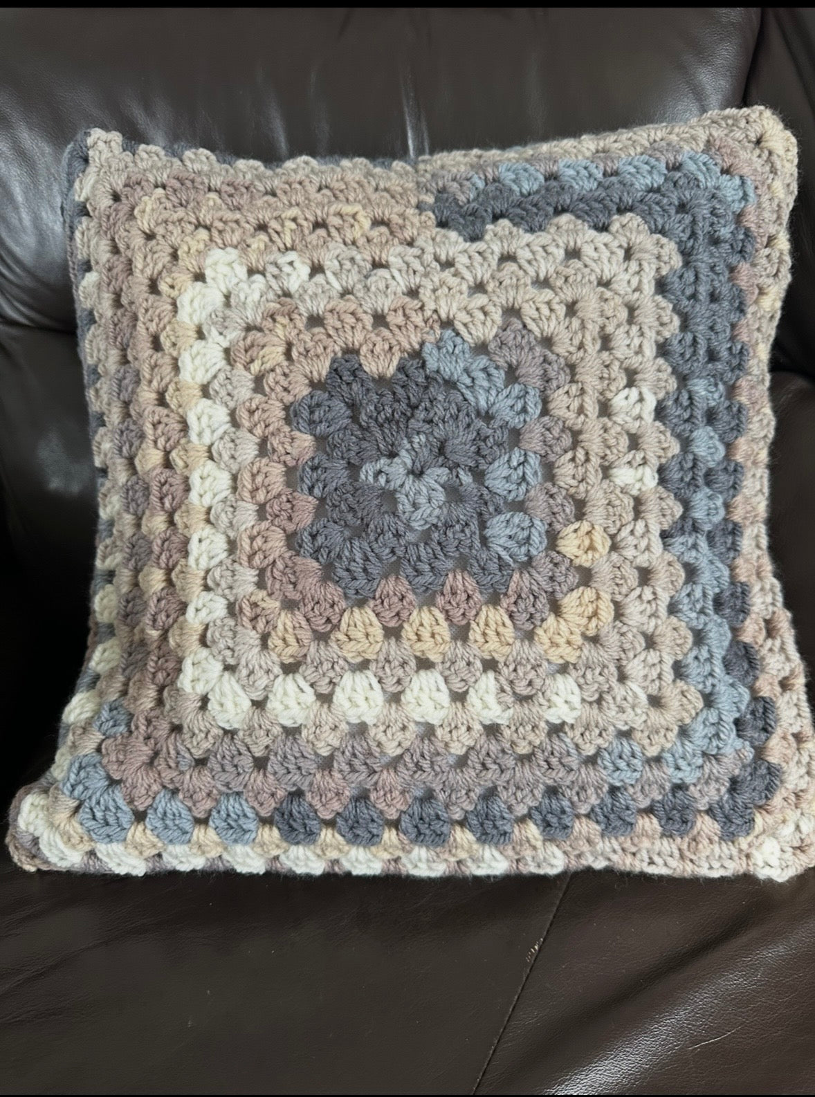 Handmade Crochet Cushion - Natural Tones with Blue Accents