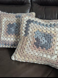 Handmade Crochet Cushion - Natural Tones with Blue Accents