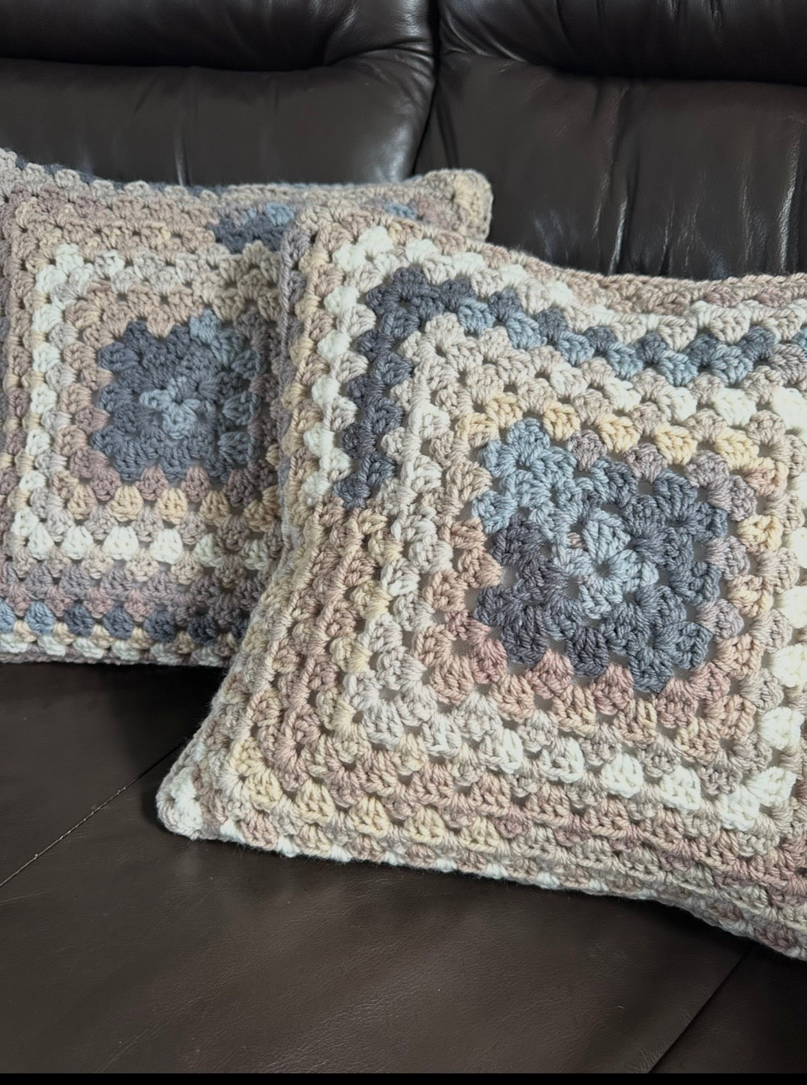 Handmade Crochet Cushion - Natural Tones with Blue Accents