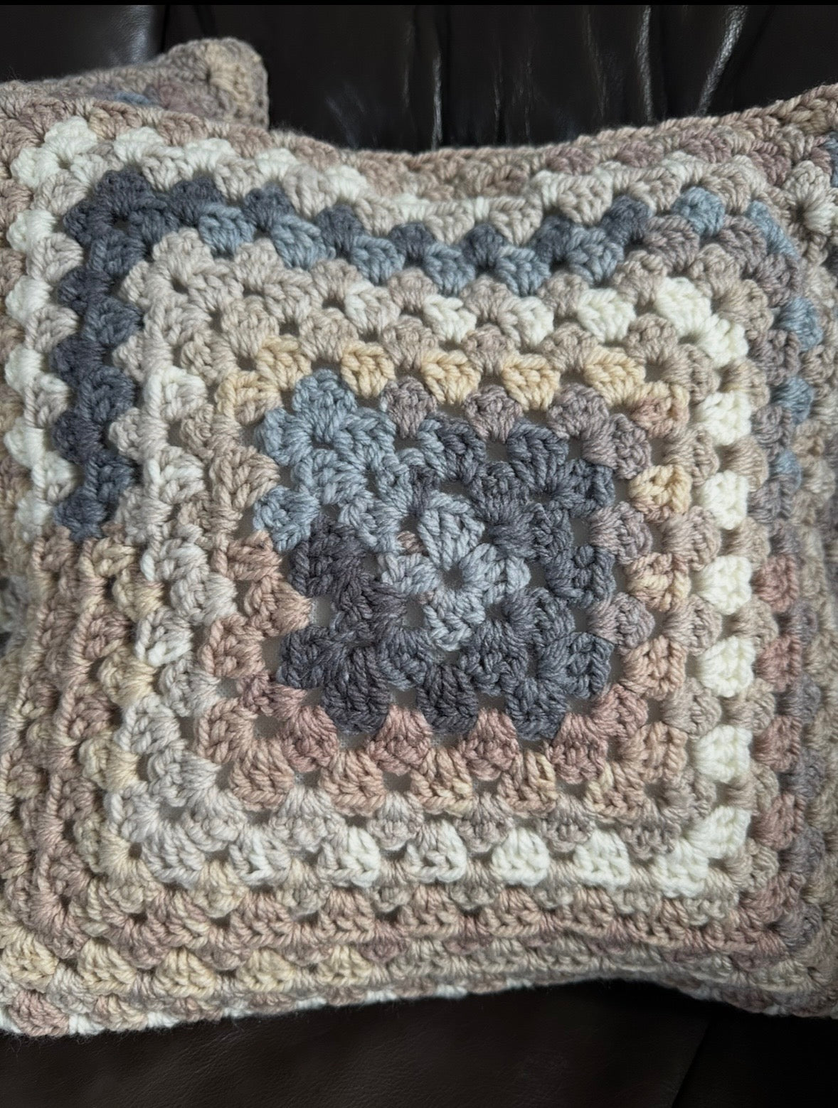 Handmade Crochet Cushion - Natural Tones with Blue Accents