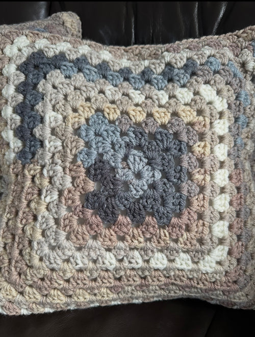 Handmade Crochet Cushion - Natural Tones with Blue Accents